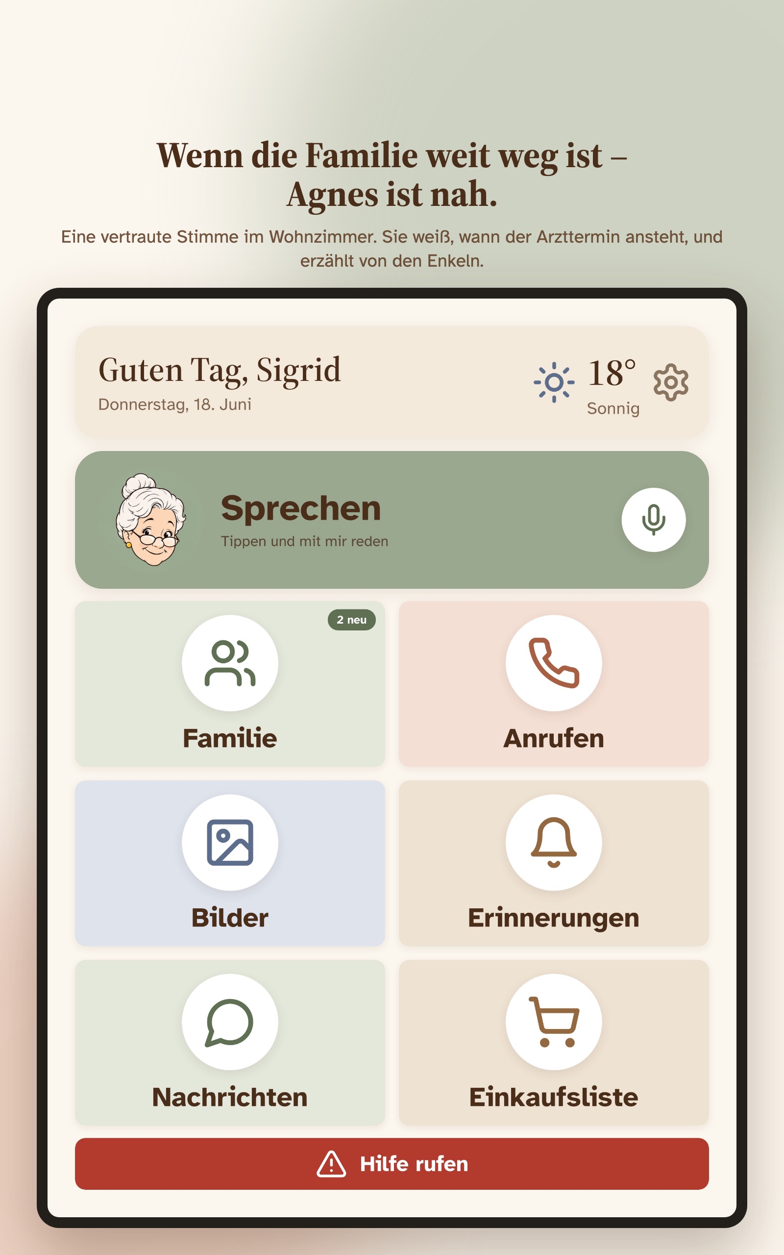 Die Startseite von Agnes mit großen, klaren Kacheln